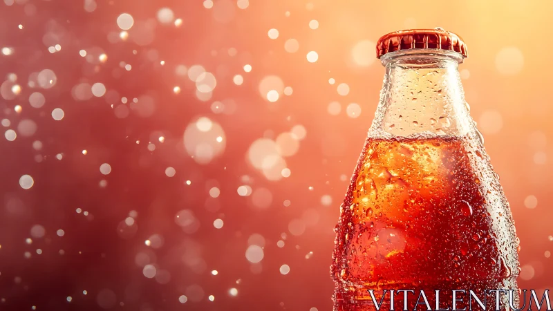 Close-up of chilled soda bottle against soft bokeh backdrop.
