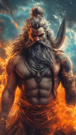 Fiery warrior sage walks through flames with unshakable calm