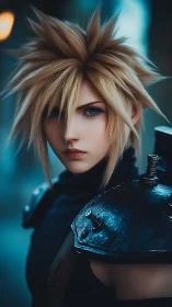 Cinematic close-up of spiky-haired warrior in blue ambient light