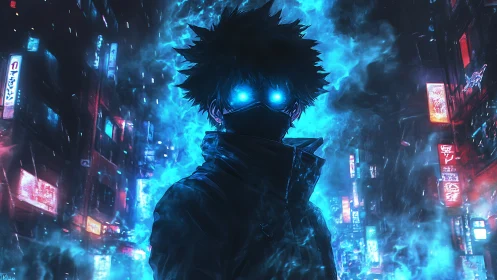 Silhouetted figure with blue energy in neon cityscape.