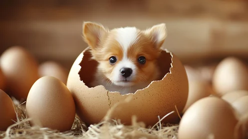 Corgi Puppy Emerging from Fractured Eggshell - 3D Rendered Composition