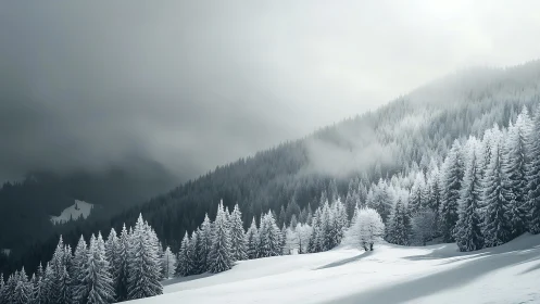 Snow-covered coniferous forest occupies a misty mountain slope