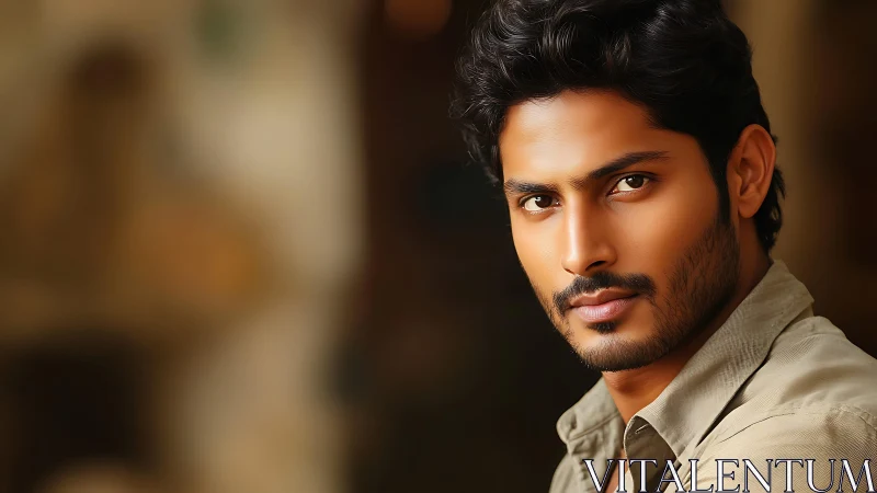 Confident man in tan shirt against warm blurred background.