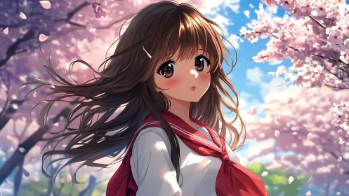 Anime schoolgirl under cherry blossoms in springtime.