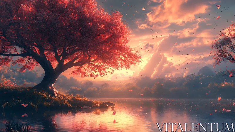 Twilight blossoms lean over water and quietly ignite the sky