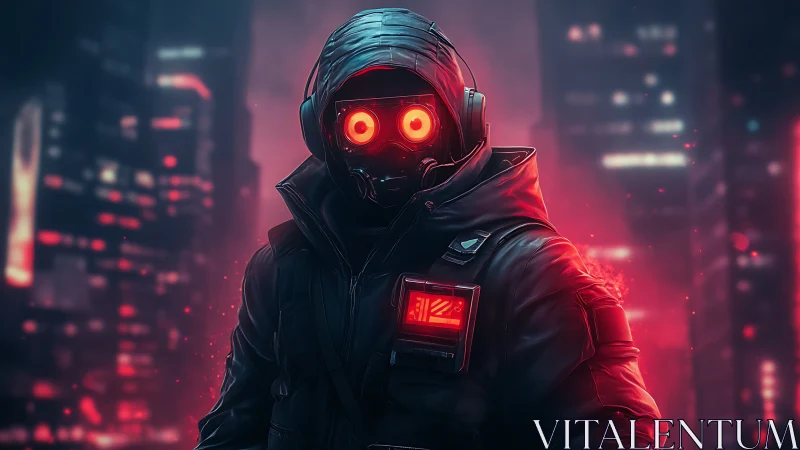 Neon-eyed watcher patrols the crimson-soaked cyber city