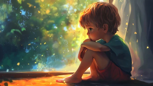 Thoughtful child sits in warm window light watching summer leaves