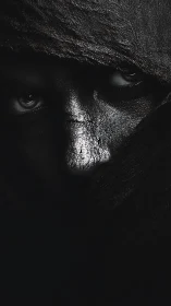 Mysterious shrouded face emerging from deep shadowed darkness.