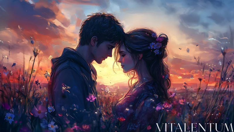 Romantic couple in wildflower field at golden hour sunset. Digital illustration.