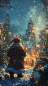 Santa wanders through a glowing winter village of wishes.