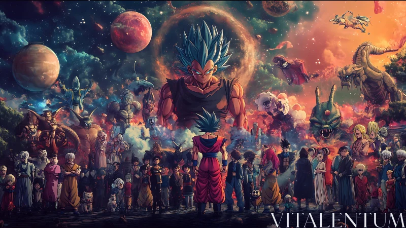 Epic anime crossover under cosmic sky with heroes assembled.