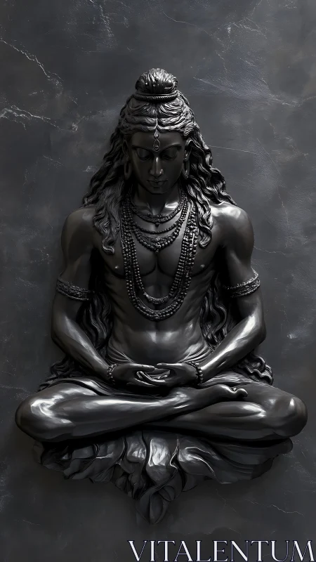 Black stone meditative deity sculpture on dark wall.