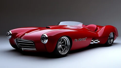 Crimson roadster comet with liquid chrome curves poised.