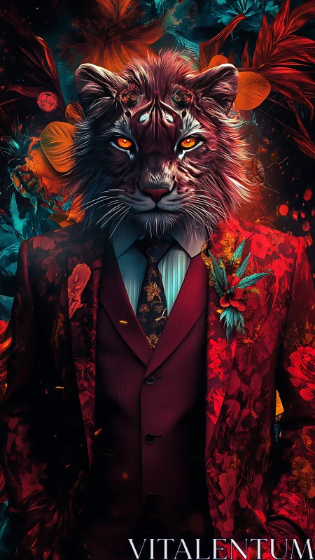 Regal lion in crimson floral suit under neon foliage.