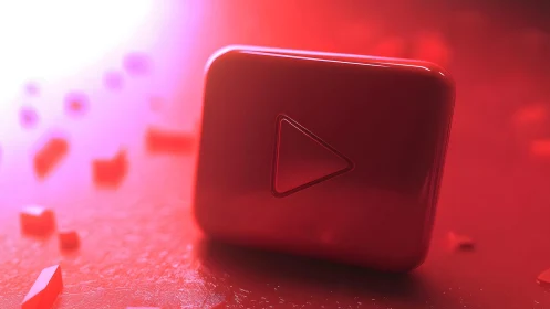 Glossy 3D YouTube Play Button Icon in Vibrant Red Lighting.