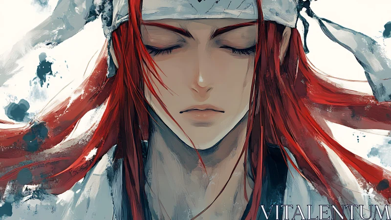 Red haired figure with headband in close frontal portrait.