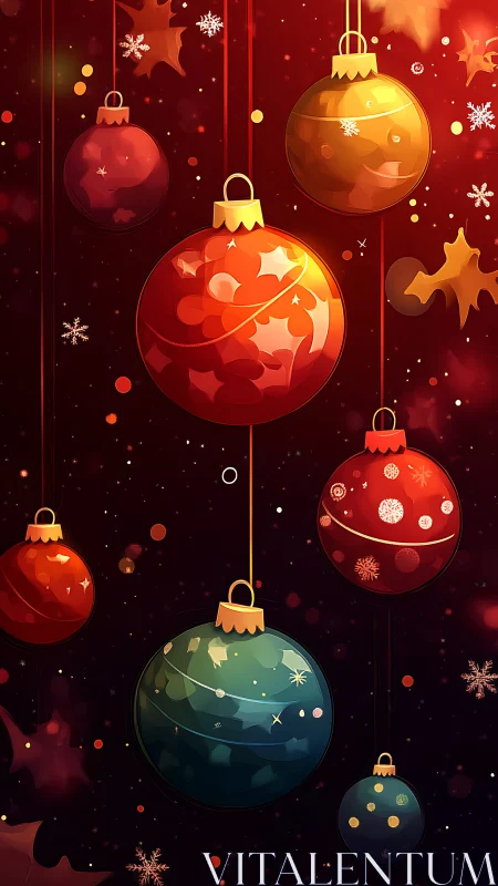 Vibrant digital illustration of suspended glowing Christmas baubles