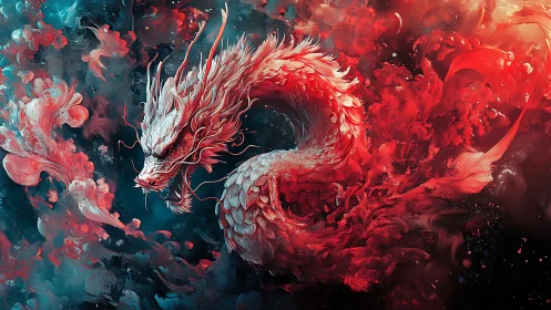 Crimson dragon coils through storm of teal and scarlet clouds.