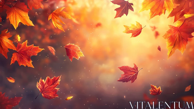 Autumn maple leaves drift through warm bokeh backlit atmosphere