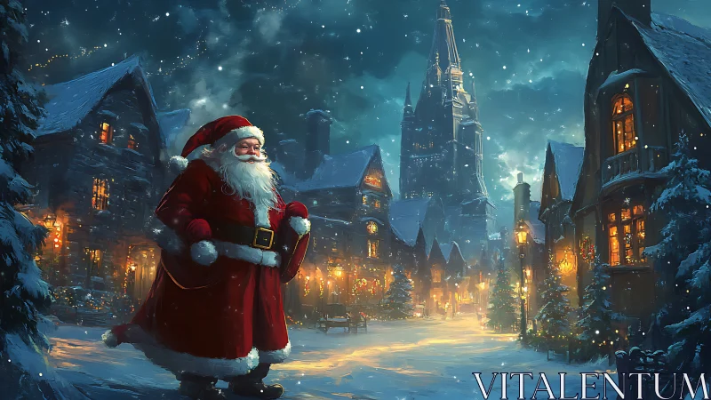 Santa figure in snowy illuminated village street at night.