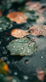 Close view of wet autumn leaves floating on dark water.