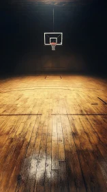 Solitary hoop glows above a golden, story-worn hardwood court.