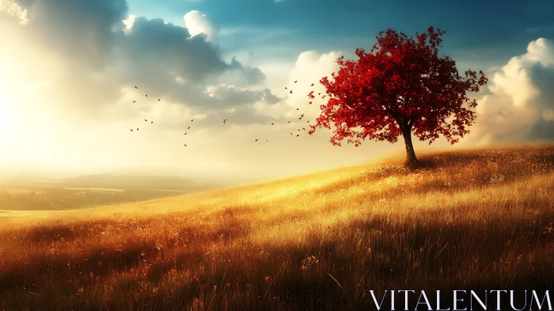 Crimson lone tree basking on a honey-gold dream hilltop.
