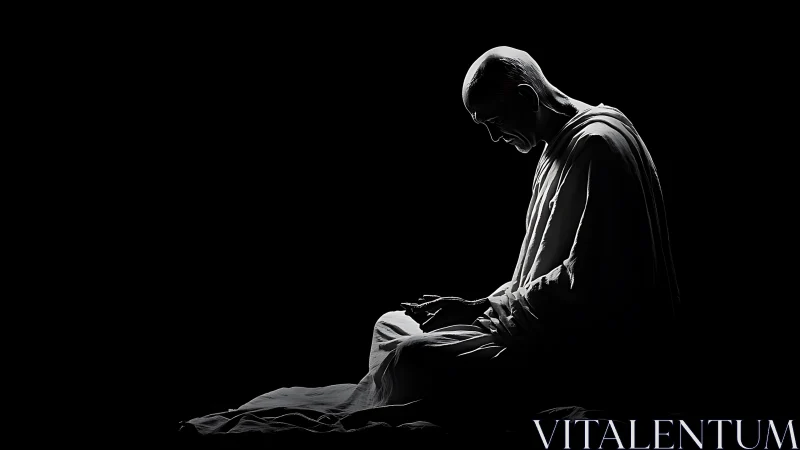 Monochrome meditative monk in dramatic side lighting portrait.