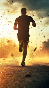 Back view of lone runner on road at low sun angle period