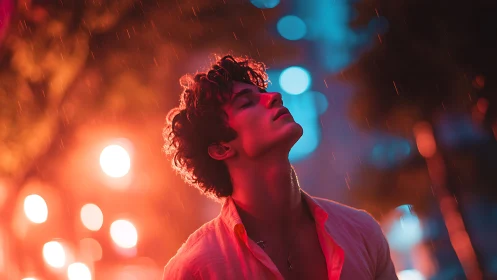 Young man stands in neon city rain with head tilted upward