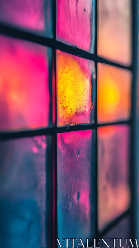 Stained glass grid with neon sunset bokeh reflections.