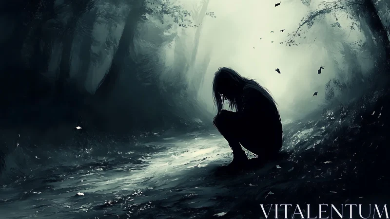 Solitary figure crouches in misty forest path at dawn