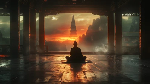 Solitary seated figure in temple hall facing distant pagoda.