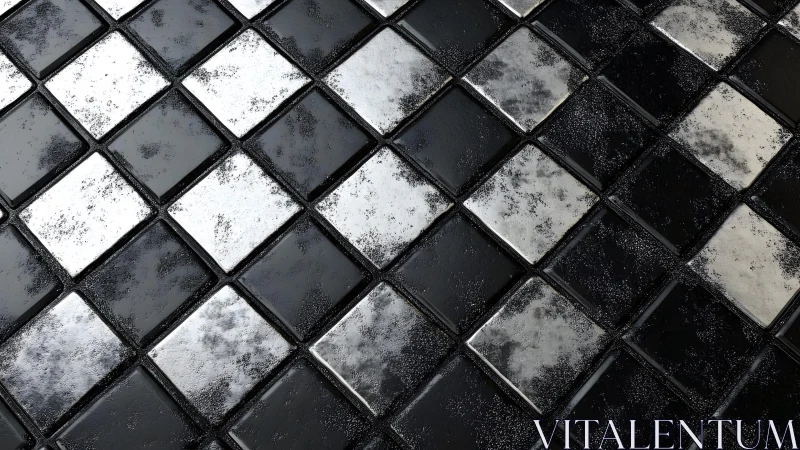 Grungy Black and White Checkerboard Tile Texture, Overhead View.