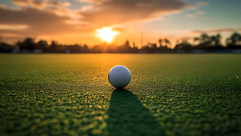 Low-angle field hockey ball under backlit sunset illumination.