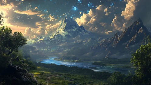 Epic fantasy valley with towering snow peak at sunset.