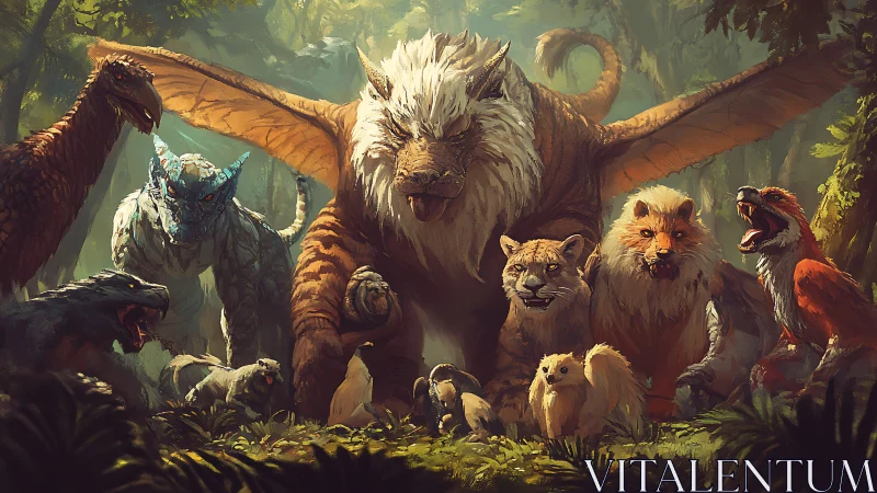 Mythic forest beasts gather under winged alpha guardian