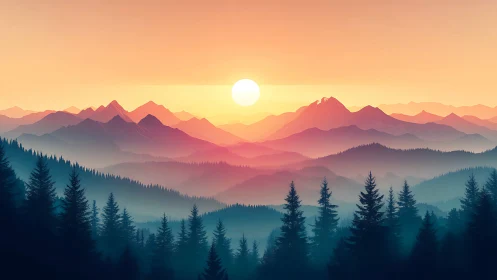 Sunrise draped over misty mountains and quiet pines.