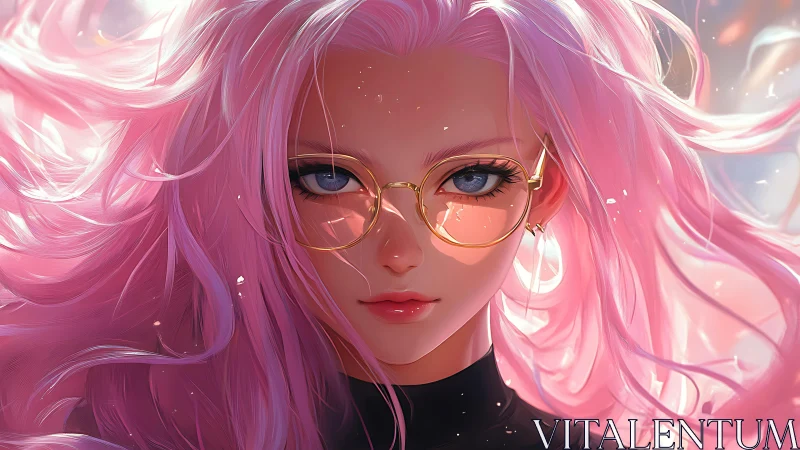 Iridescent pink-haired heroine with reflective gold glasses.