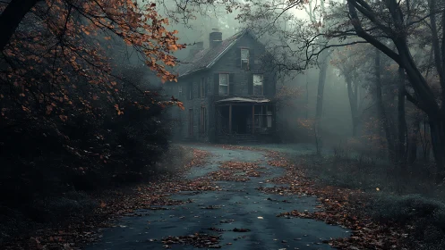 Abandoned Victorian house recedes into dense autumn forest fog