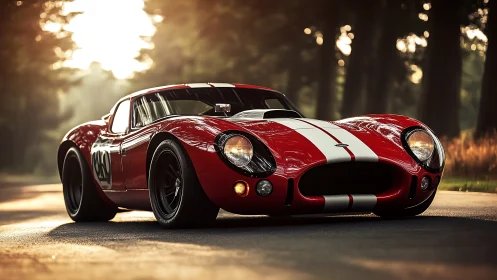 Sunlit scarlet racer lounges low beneath forest glow