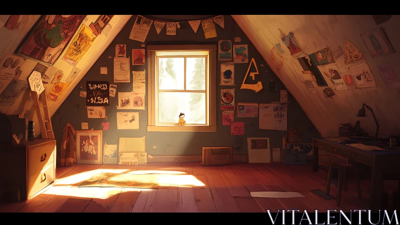 Sunlit attic art studio with drawings on sloped walls.