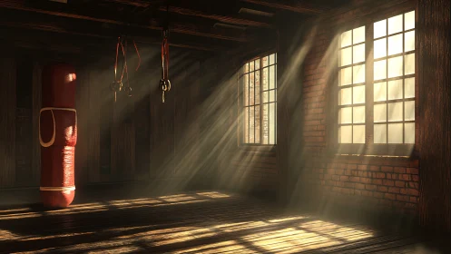 Industrial Boxing Gymnasium: Volumetric Light Through Grid Windows.