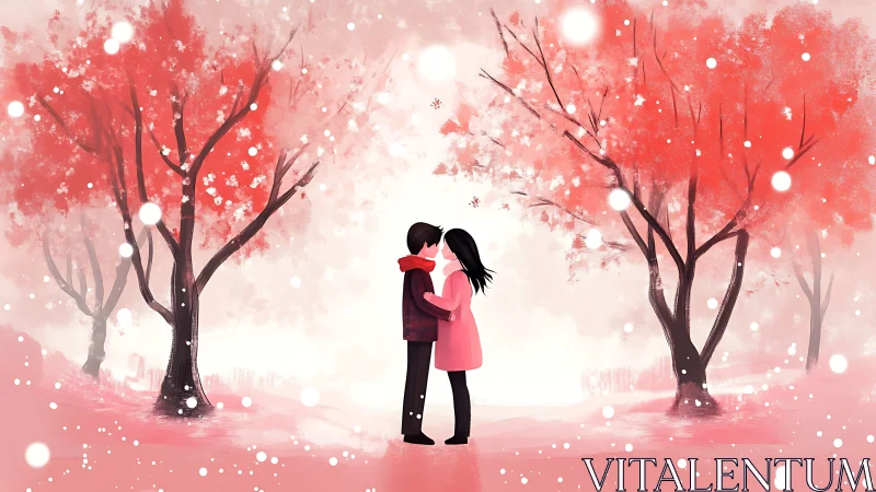 Couple Embracing in Pink Cherry Blossom Forest