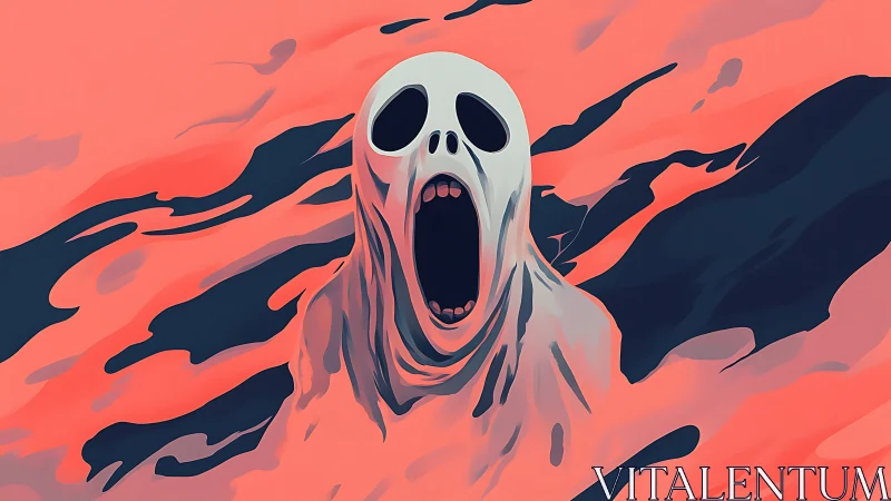 White shrouded figure with open mouth occupies central frame