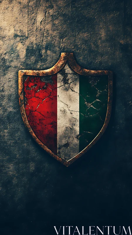 Weathered Italian tricolor shield glowing in stonebound dusk.
