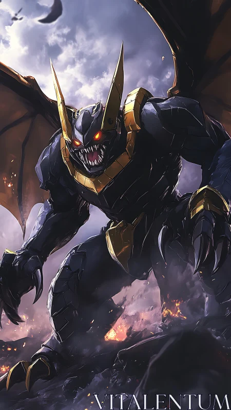 Fierce winged titan strides through firelit volcanic ruins