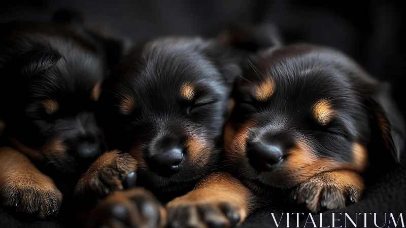 Three sleepy puppies dreaming on a cozy, velvety night.