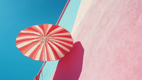 Striped parasol casting bold shadow on pastel facade.