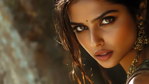Intense gaze of adorned woman in warm cinematic light.